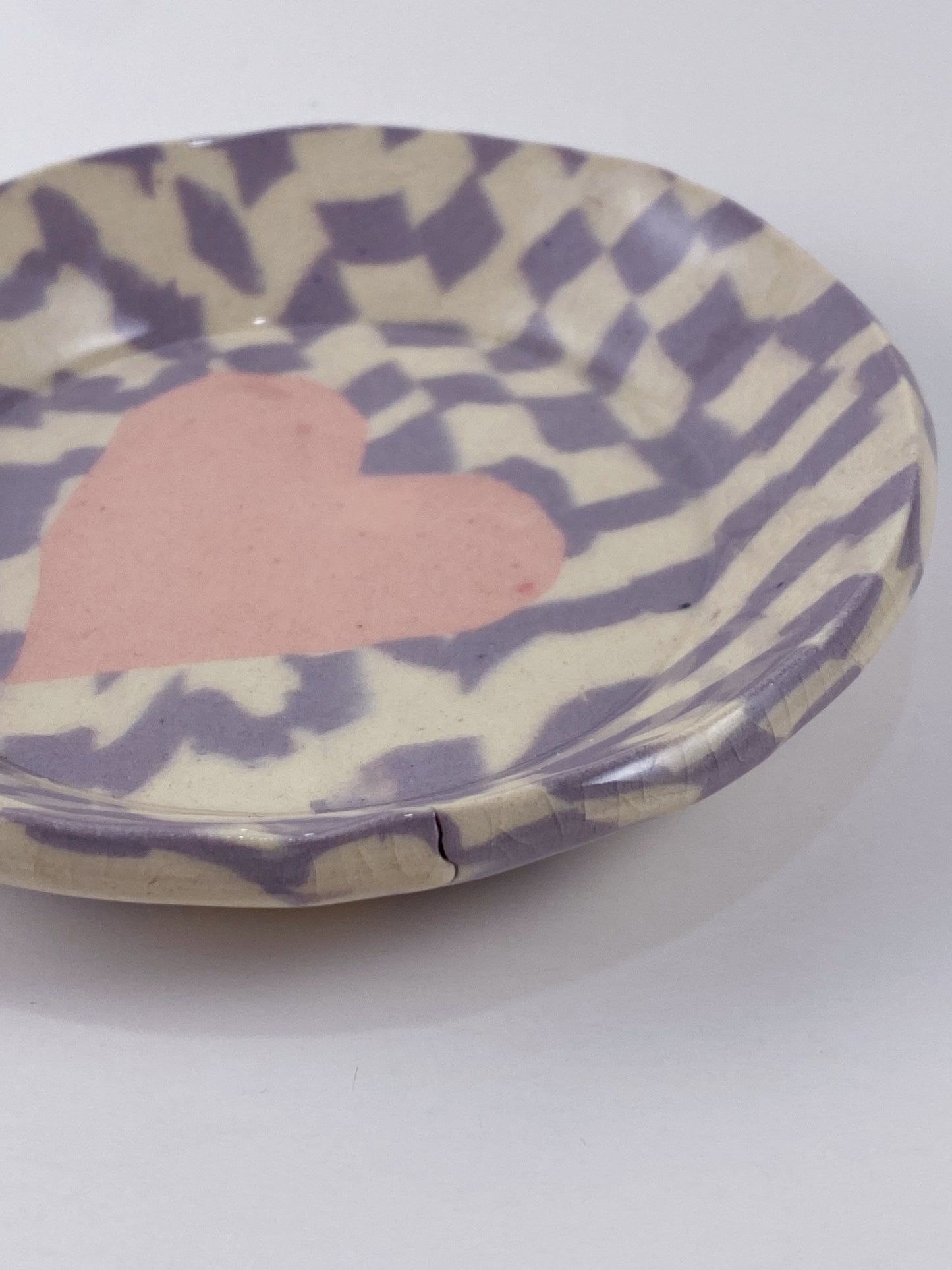 Purple check, pink heart dish
