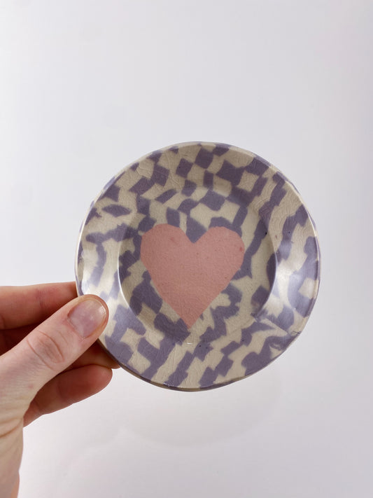 Purple check, pink heart dish
