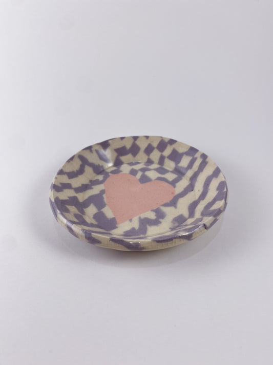 Purple check, pink heart dish